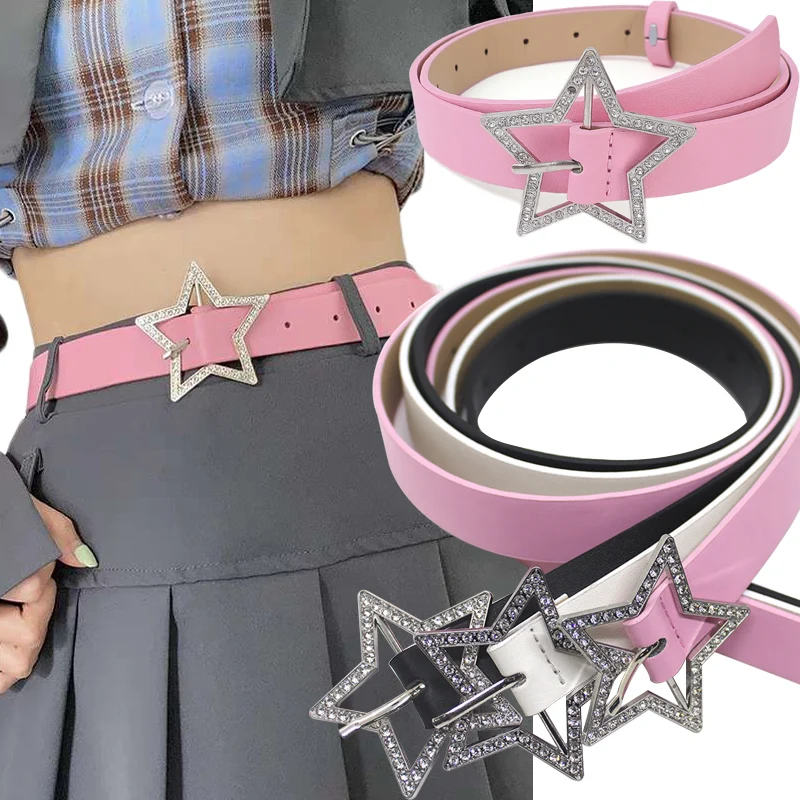 

Fashion Y2K Star Buckle Belt Pink Leather Elastic Binding Embellished Waistband Sparkling Rhinestone Retro Decoration Accessorie