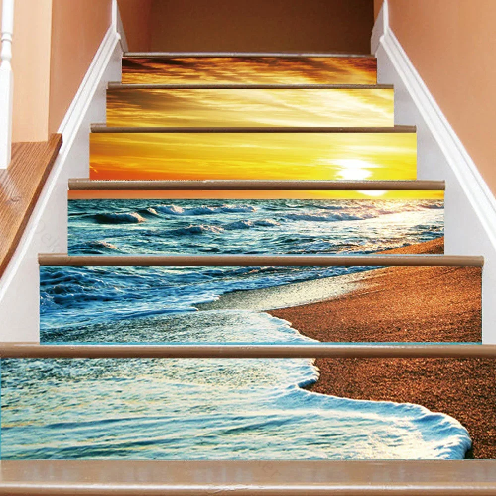 Mermaid Sunset Stair Stickers Decorative Waterproof DIY Self Adhesive Sea Wave Staircase Furniture Kitchen Home