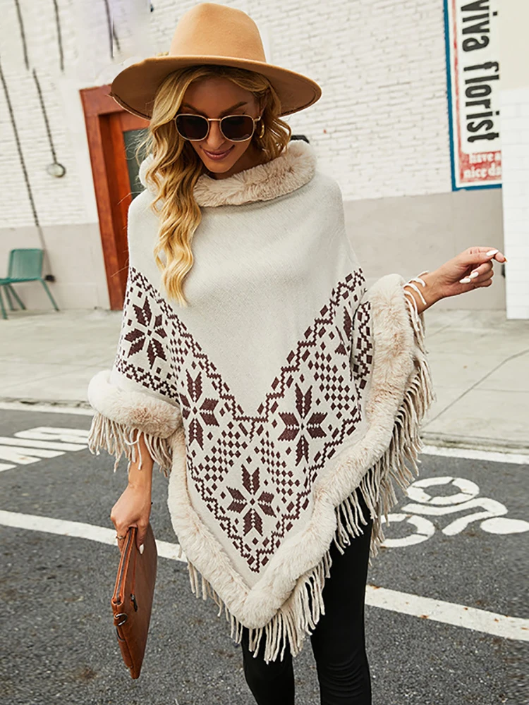 

Fitshinling Vintage Oversized Poncho Women Clothing Winter Sweater Knitwear Fur Collar Winter Warm Cape Femme Fringe Bat Cloak