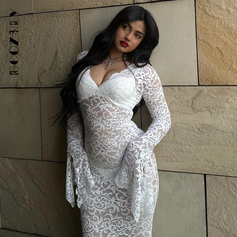 

Сексуальное прозрачное Сетчатое кружевное платье BoozRey, женские платья макси с глубоким V-образным вырезом и длинным рукавом, элегантное вечернее платье, черное платье