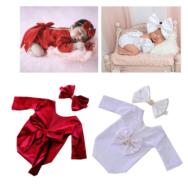 

Baby Photo Clothing Princess Long Jumpsuit Bow Headdress Newborns Photo Romper Infant Party Wear Photoshoot Accessories
