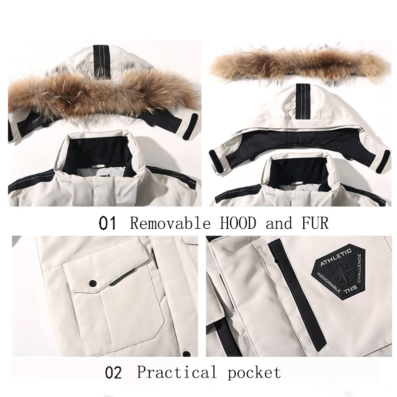 Thicken Men's Down Jackets Big Real Fur Collar Warm Parka -30 degrees Men Casual 90% White Duck Down Coats Winter Snow Overcoat