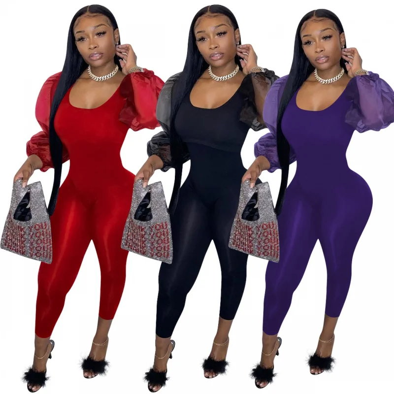 

Hot Sexy Long Transparent Sleeve Bodycon Jumpsuit Women Romper One Piece Outfit Solid Overalls Skinny Party Clubwear New