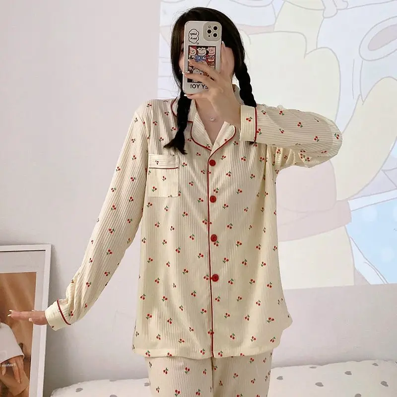 Yasuk Spring Autumn Fashion Women's Casual Soft Milk Silk Sleepwear Homewear Pajamas Set With Pants Dot Print Cherry Cute Girl