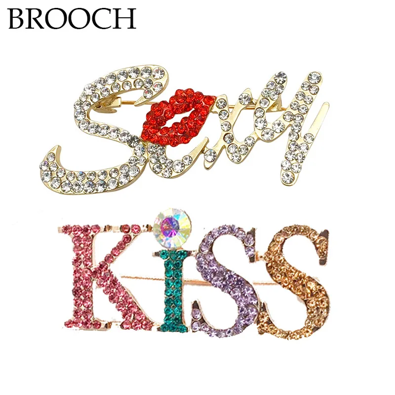 New Brooches Sexy Kiss Rhinestone Brooch for Women Crystal Jewelry Fashion Letter Pins Clothing Accessories Suit Buckle Men Pins