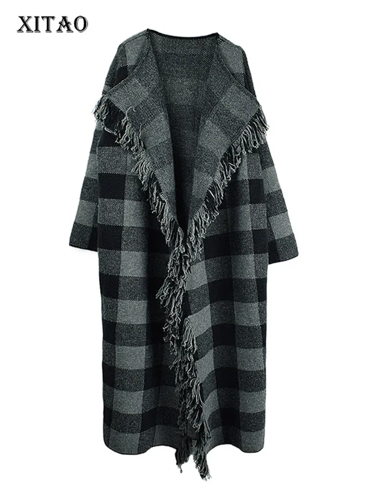 XITAO клетчатый кардиган с кисточками в стиле пэчворк карманный круглым вырезом и