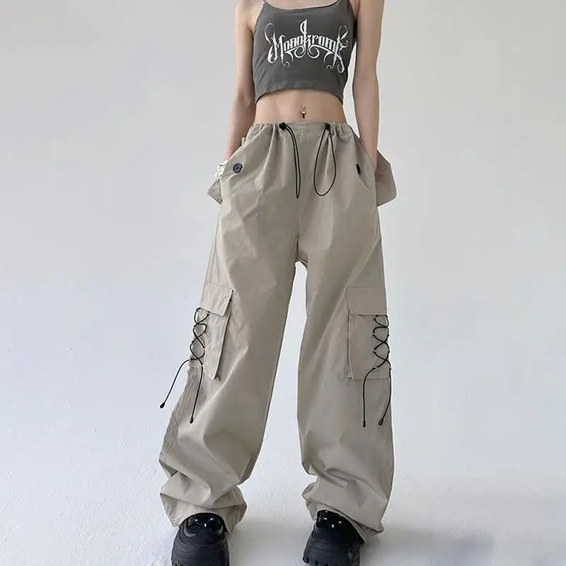 

Американские винтажные новые брюки-карго, женские уличные Популярные свободные прямые широкие брюки в стиле хип-хоп, повседневные спортивные брюки в стиле Харадзюку, штаны Y2K