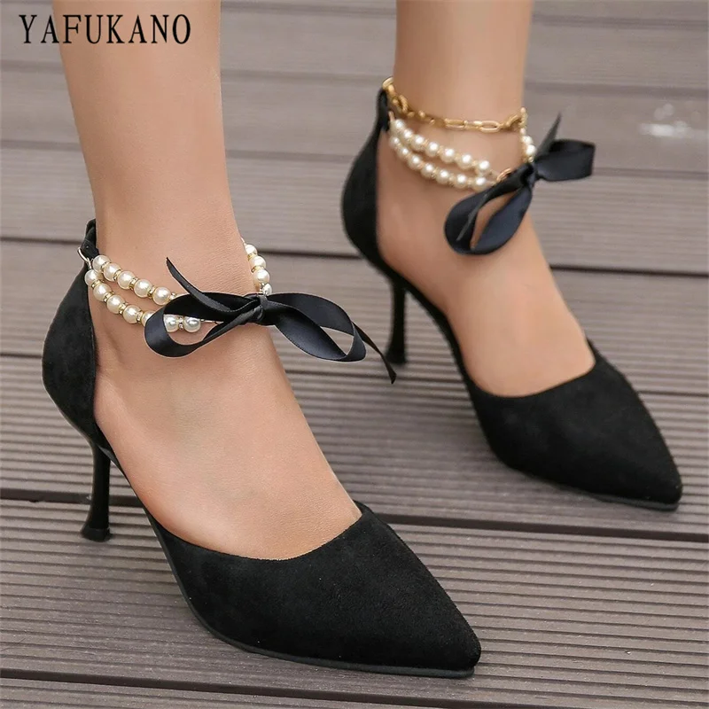 

Faux Pearl Decor Suede Stiletto Ankle Lace-up Pumps Rhinestone String Bead Chain Party Dress High Heels 2022 New Women Sandals