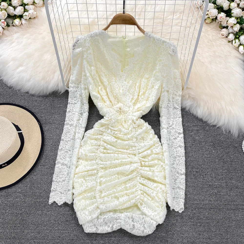 

Женское платье с запахом, кружевное приталенное платье с V-образным вырезом и рукавами-фонариками, весна 2022