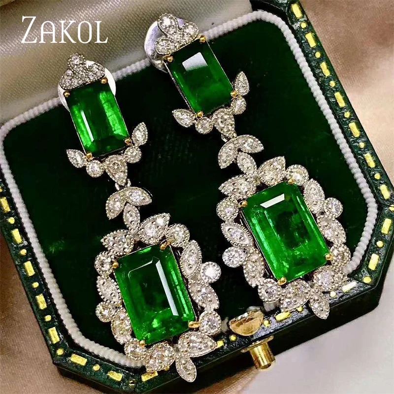 

ZAKOL Retro Luxury Big Green Square Zirconia Crystal Drop Earrings Jewelry for Elegant Women Wedding Party Bridal