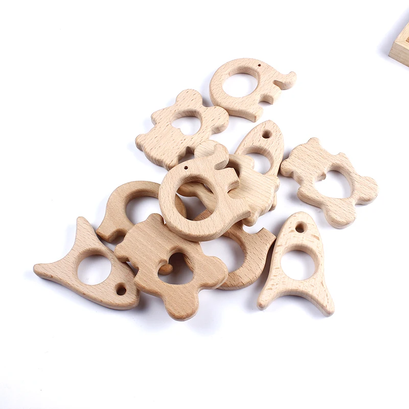 10Pcs Wooden Teether Pendant Food Grade Elk Moon Sea Horse Baby Teether Natural Beech Pacifier Chain Accessories Nursing Toys