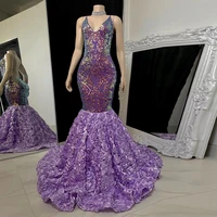 purple 3 d flower evening dresses mermaid sleeveless strapless prom dress 2022 new summer zipper back sexy open back elegant