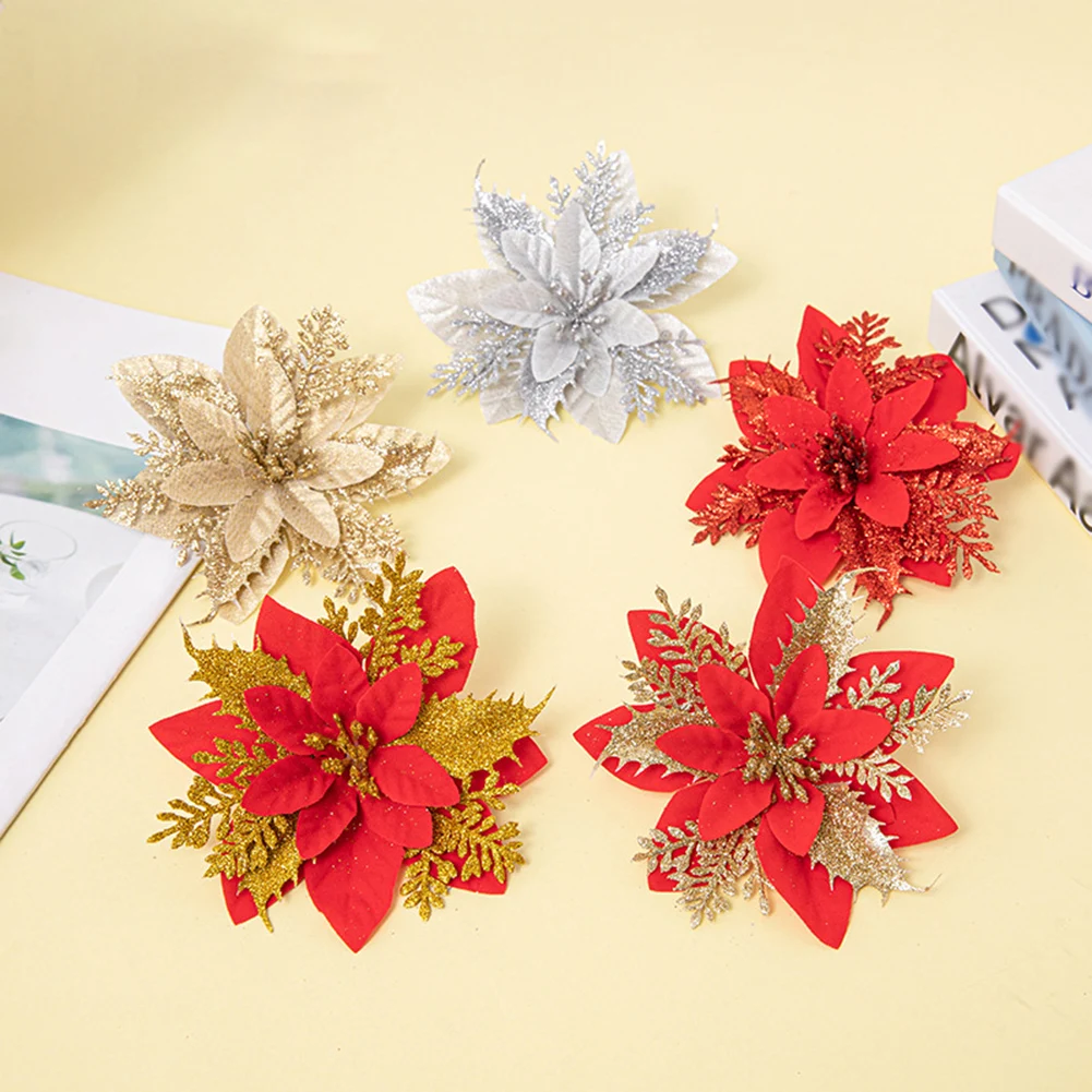 

14cm Glitter Artificial Christmas Flowers Xmas Tree Ornaments Merry Christmas Decorations For Home New Year Gift Navidad