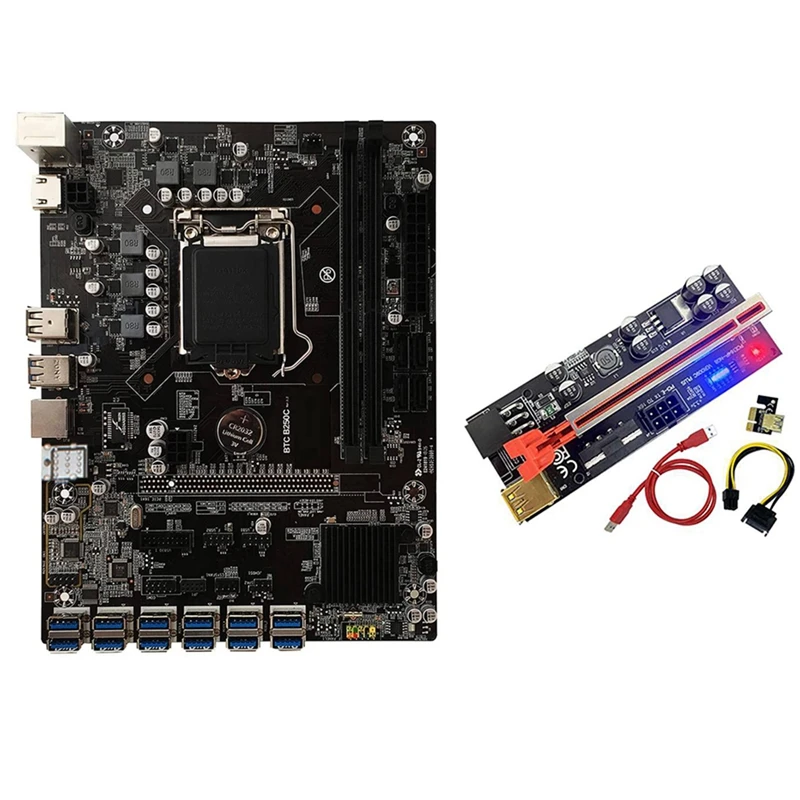 

B250C BTC Miner Motherboard+009S Plus Riser Card 3 In 1 with Light 12XPCIE to USB3.0 GPU Slot LGA1151 Mining Motherboard