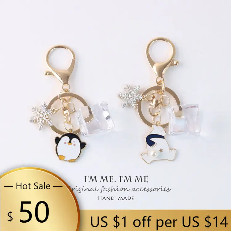 

Ice Cube Penguin Polar Bear Animal Keychain Key Ring for Friend New Cute Cartoon Snowflower Bag Car Airpods Box Accessories