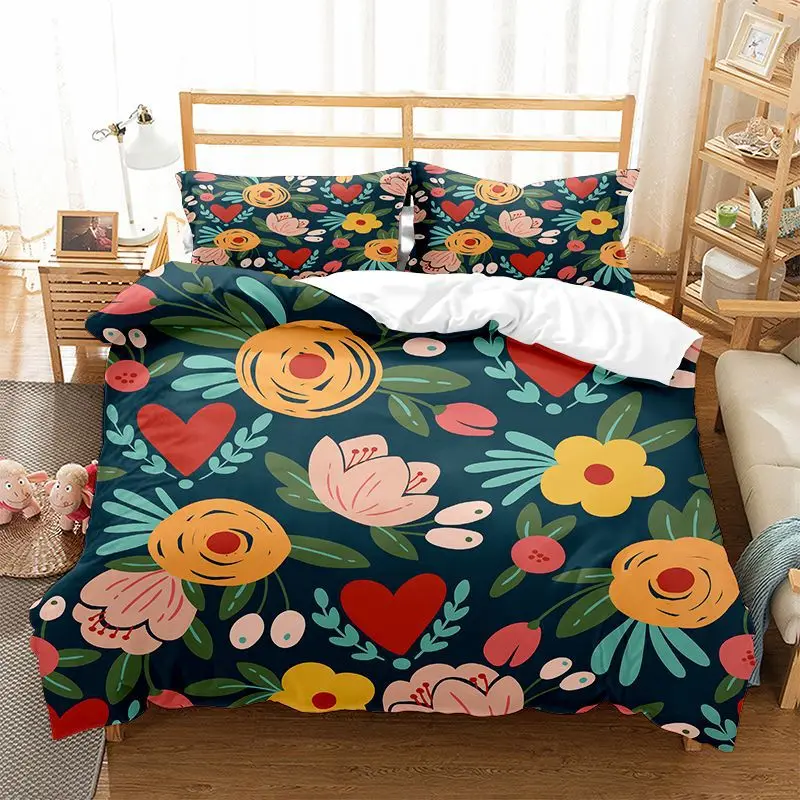 

Floral Kid Duvet Cover, Colorful Cartoon Flower And Green Leaf Print Soft Duvet Cover For Girl, With 2 Pillowcases