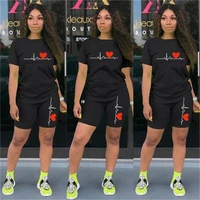 casual tracksuit women two piece set summer t shirts and shorts sets solid color print short sleeve top tees female suits