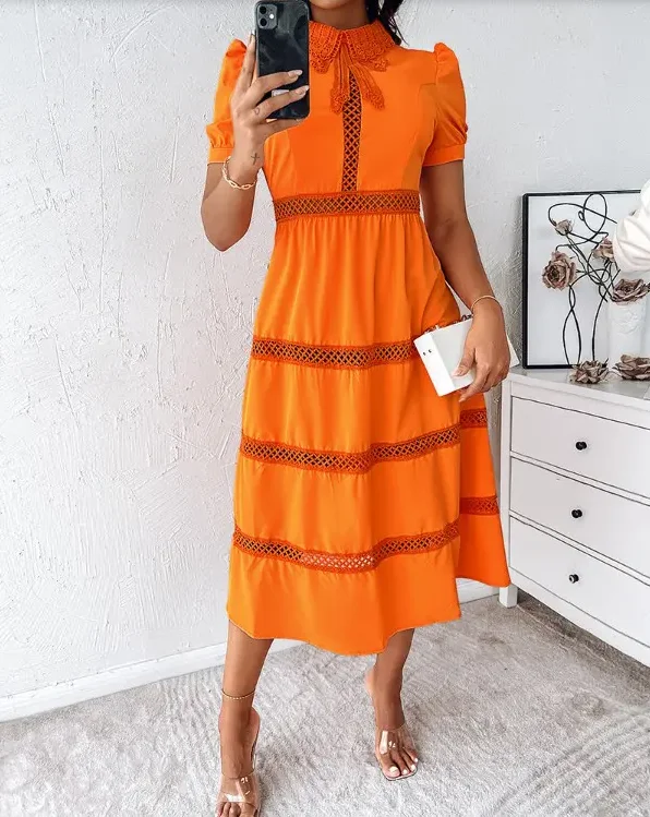 

Женское кружевное платье макси из гипюра с нашивками и пышными рукавами, Многоярусное оранжевое свободное Повседневное платье с юбкой, нов...