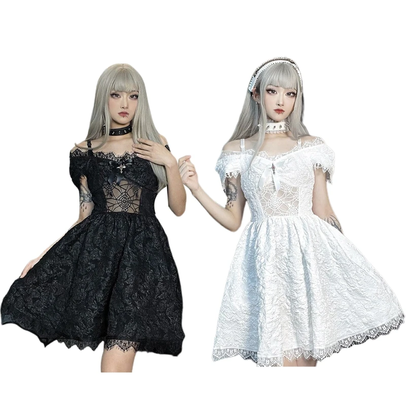 

Gothic Short Sleeve Eyelash Lace Lolita A-Line Mini Dress Women Spaghetti Strap Cold Shoulder Halloween Cosplay Costume