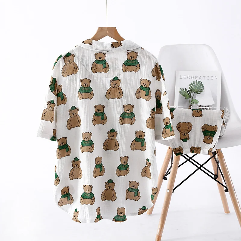 Couple Pajamas Short Sleeve Shorts Suit Green Bear Printing New Summer Cartoon Crepe Swallowtail Women Men Cute Home Clothes Set