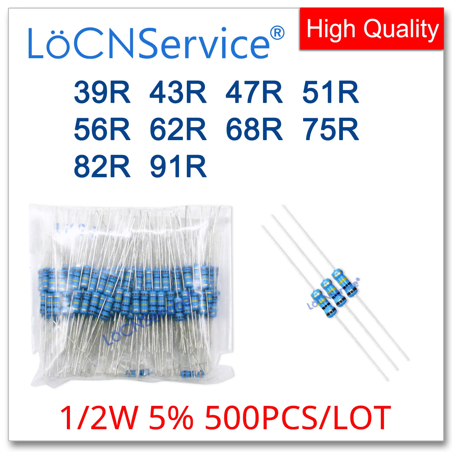 

LoCNService 500PCS/LOT 5% 1/2W 39R 43R 47R 51R 56R 62R 68R 75R 82R 91R Carbon Film Resistor DIP OHM