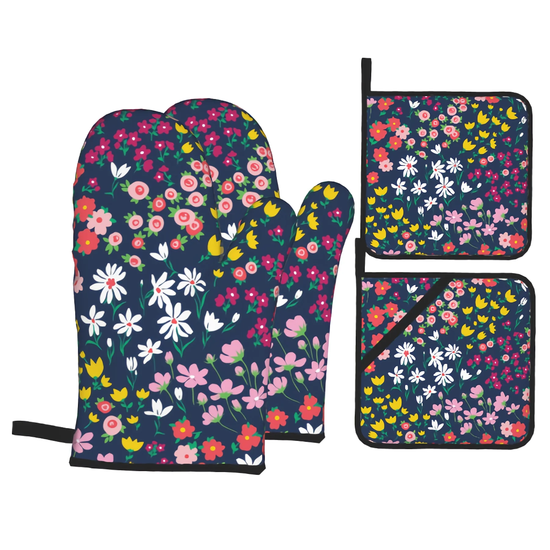 

Oven Mitts and Pot Holders Set 4PC Thicken Heat-Resistant Gloves and Pot Holders for Baking Cooking Grilling Lovely Flower