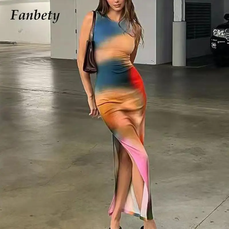 

Sexy O Neck Sleeveless Tank Dress Fashion Women Tie Dye Bodycon Long T-shirt Dress Summer Elegant Ladies High Slit Party Dresses