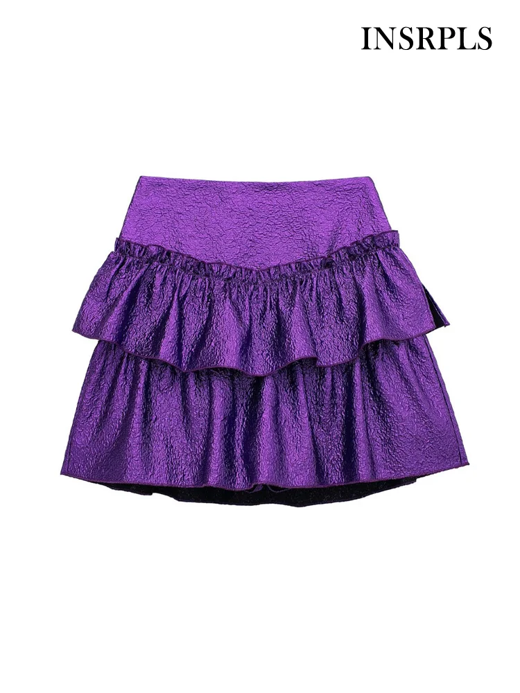 

INSRPLS Women Fashion With Ruffled Shiny Shorts Skirts Vintage High Waist Side Zipper Female Skort Mujer