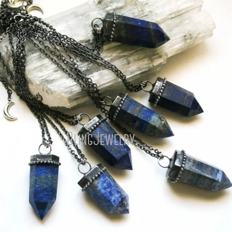 NM42027 Blue Lapis Lazuli Crystal Point Necklace Stone Tower Talisman Witch Beach Desert Festival Pendulum Obelisk Necklace