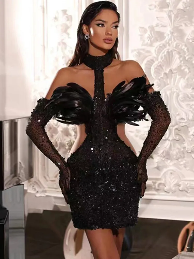 Women Luxury Sexy Tank Turtleneck Mesh Sequins Black Feather Mini Bodycon Gowns Dress 2023 Elegant Evening Party Club Dress