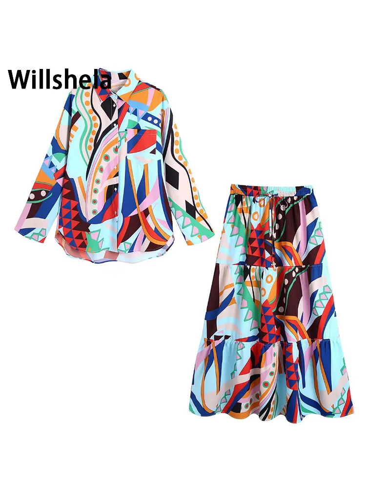 

Willshela Women Fashion 2 Piece Set Printed Single Breasted Blouses And Elastic Waist Midi Skirt Chic Lady Female Skirts Sets