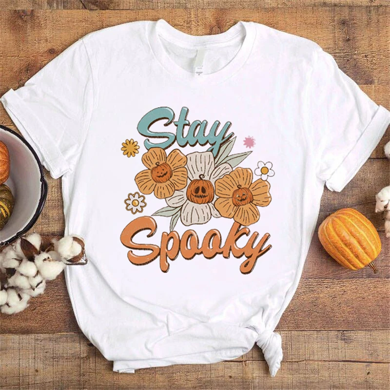 

Простая Милая Осенняя Повседневная футболка в стиле Харадзюку на Хэллоуин, костюм, трендовая белая Свободная Женская футболка в стиле 90-х, ж...