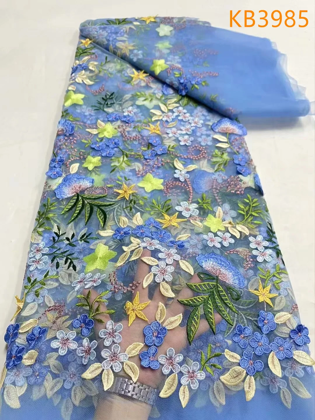 Синяя 3D цветочная кружевная тюлевая ткань высокого качества нигерийская