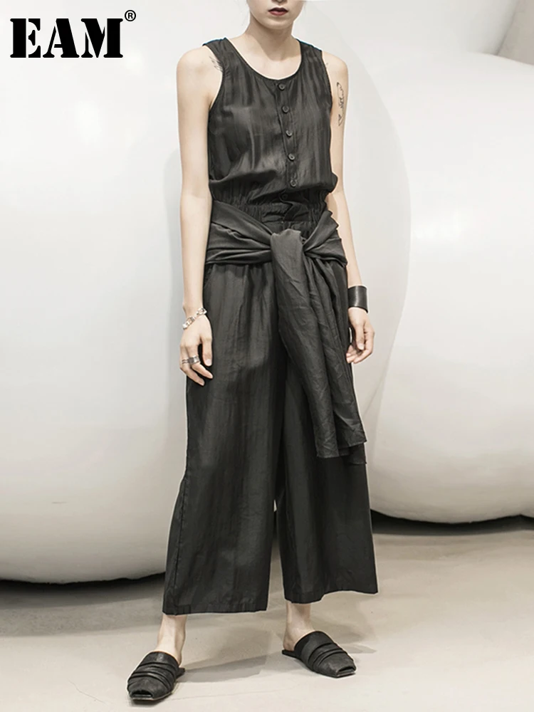 

[EAM] женский свободный облегающий длинный комбинезон, новинка, штаны с высокой талией и карманами, модные весенне-летние 2022 1Y356