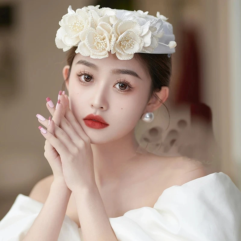 

Dating Wedding Bride Accessories White Flower Round Hat for Women and Girls