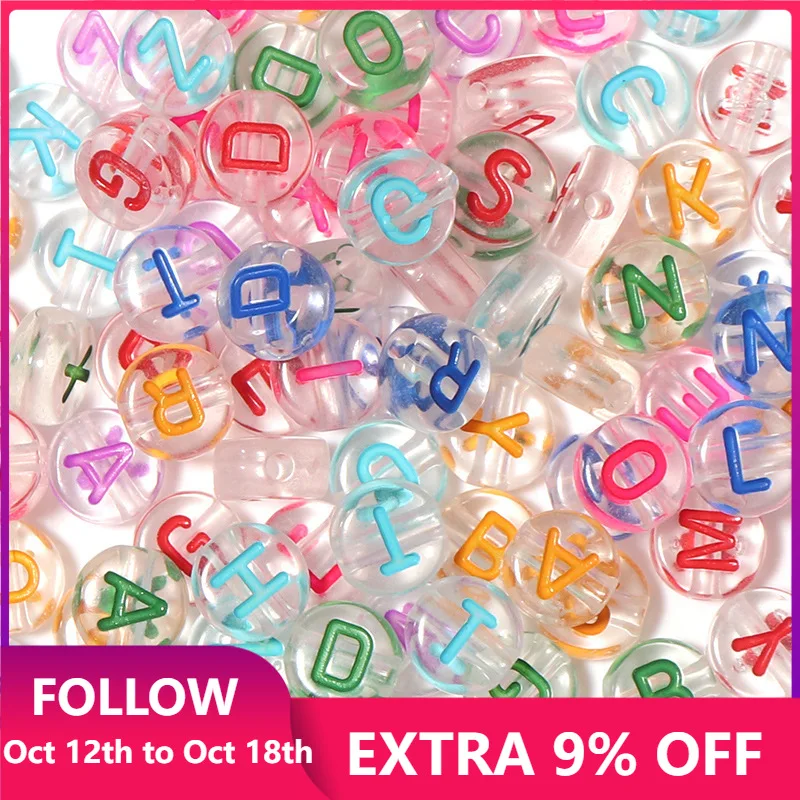 

50Pcs/Lot 4*7mm Transparent Colorful letter Acrylic Beads Round Flat Vowel Spacer Beads For Jewelry Making Diy Bracelet Necklace