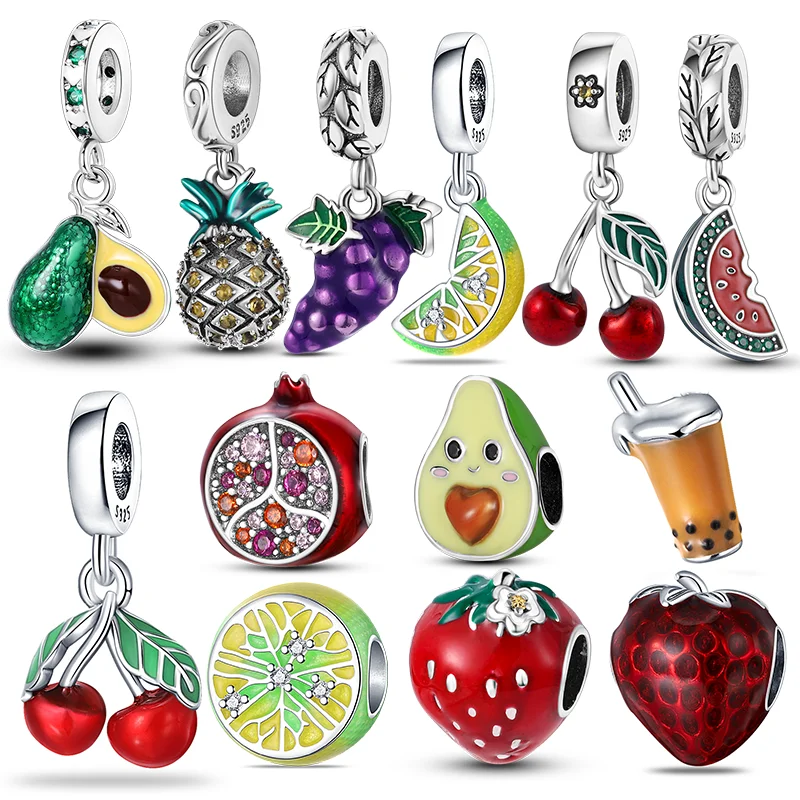 

Strawberry Charm Avocado Beads For Original Pandora S925 Sterling Silver Bracelet Women DIY Making Jewelry Gift