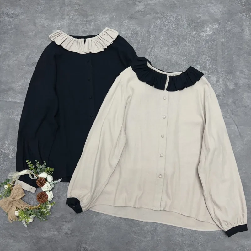 Женские рубашки с оборками Johnature хлопковые в стиле пэчворк воротником-стойкой