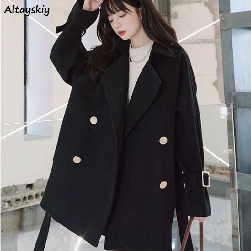 

Пальто женское шерстяное средней длины, элегантное двубортное пальто во французском ретро-стиле, с поясом, в винтажном Корейском стиле, зима