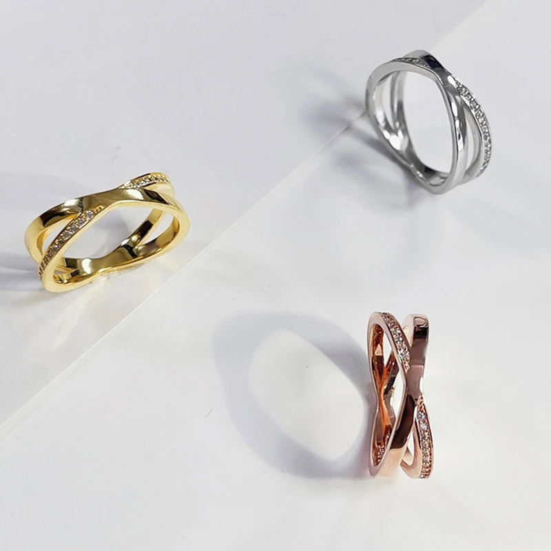 

925 Sterling Silver Classic X-shaped Ring Luxury Zircon Couple Ring Ins Star Fit