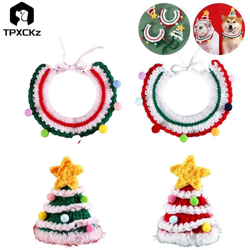 

New 1set Pet Knitted Wool Christmas Biblon Set Cat And Dog Pentagon Color Color Hook Hook Hood Scarf Accessories
