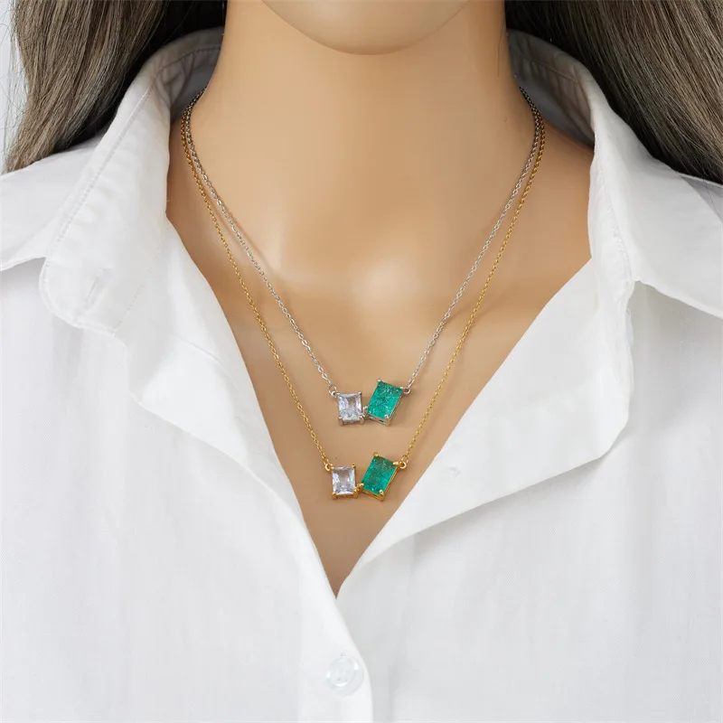 Turquoise-colored Square Stone Necklace Ladies Minimalist Cu