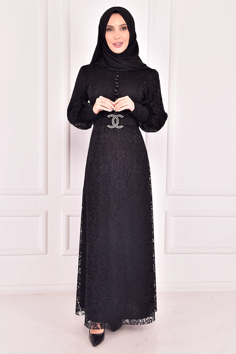 Кружевное черное платье с поясом ASM12390