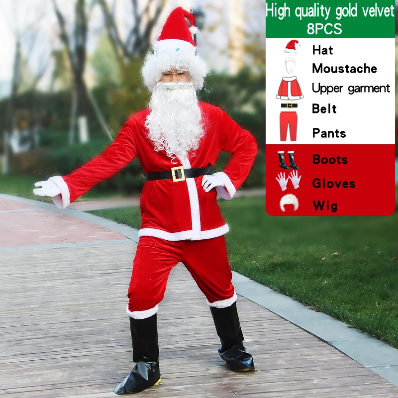 

Christmas Santa Claus Cosplay Costumes Velvet Material Top+Pants+Belt+Beard Suits Carnival Fancy Dress Men