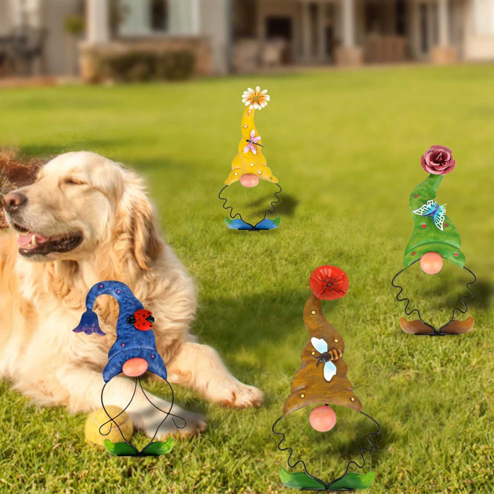 

4pcs Metal Garden Gnome Stakes Metal Yard Art Outdoor Statue Decor Outside Yard Sign Lawn Pathway Patio Ornaments