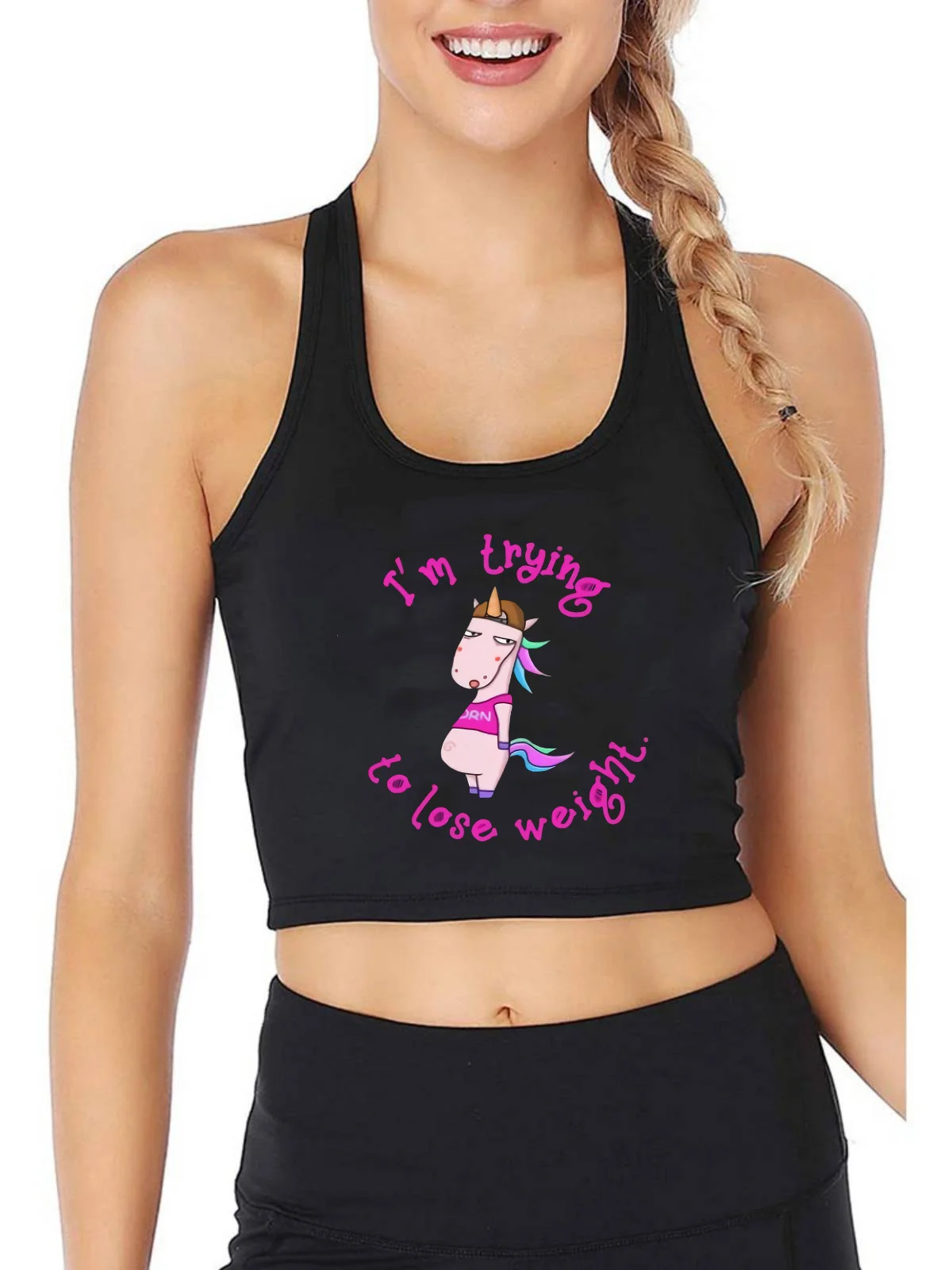 

Fat Unicorn Funny Design I’m Trying to Lose Weight Print Tank Top Women's Gym Yoga Sport Breathable Slim Fit Crop Tops