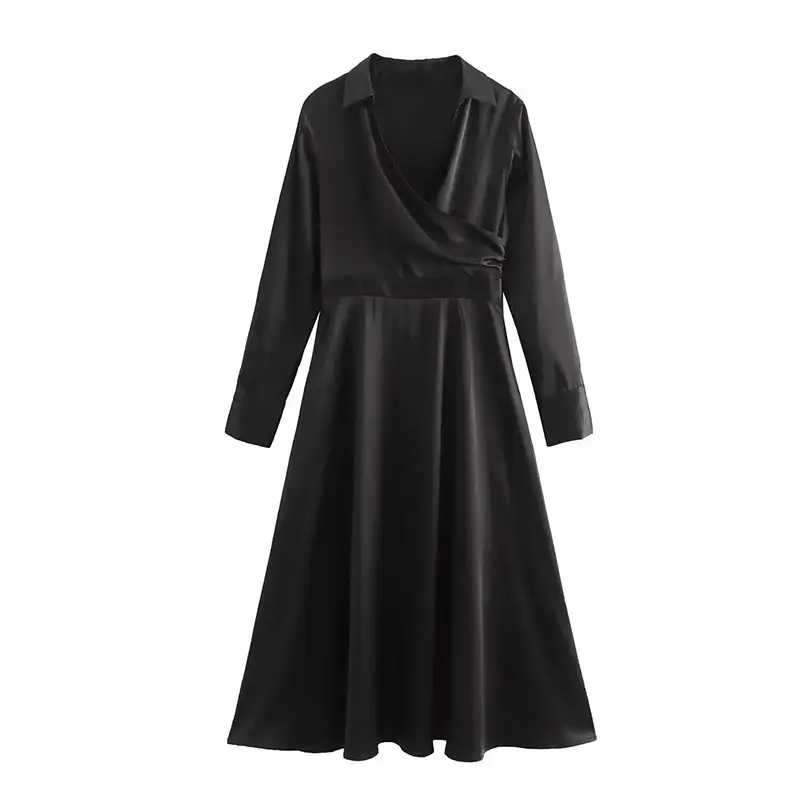 

V Neck Satin Midi Dress Women Fashion Solid Lapel Long Sleeve Dresses 2023 Spring New Casual Chic Office Ladies Vestidos