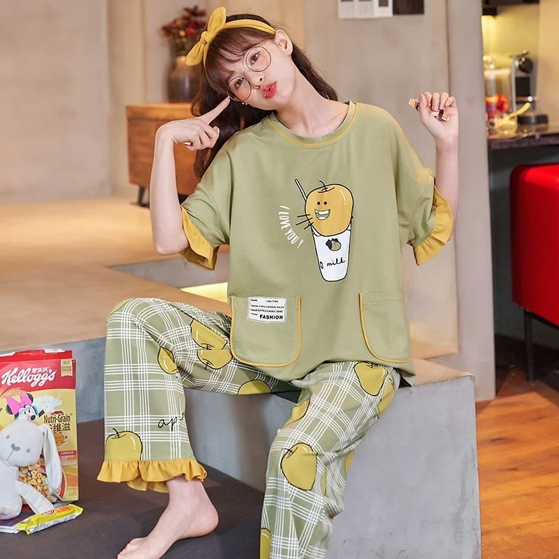 QWEEK Kawaii Pajama Clothing Sets Women Summer Sleepwear Cotton Pijamas Ruffles Apple Cartoon Print Pyjamas Plaid Pants Roomware