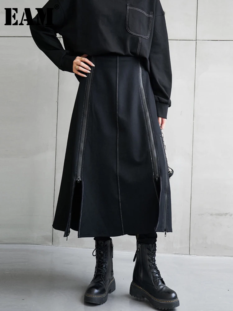 [EAM] High Elastic Waist Black Zipper Irregular Casual Long Half-body Skirt Women Fashion Tide New Spring Autumn 2023 1DE1910