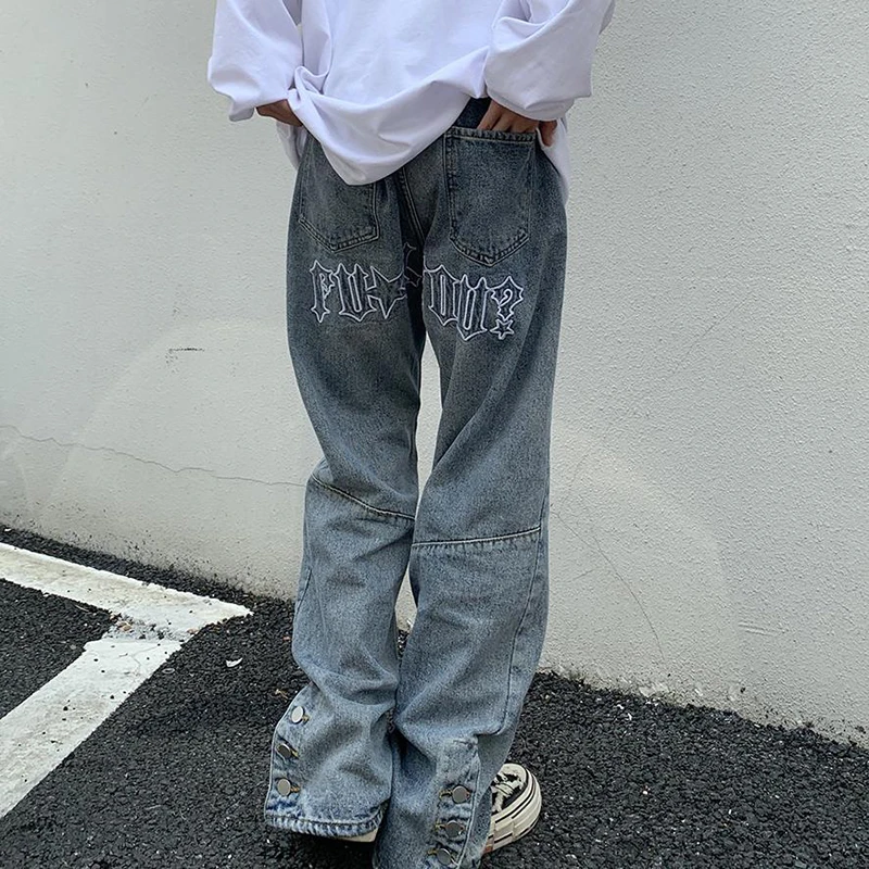 

Women's Vintage Blue High Waist Jeans Fashion Embroidery Baggy Straight Pants High Street Wide Leg Denim Trouser Ladies Summer